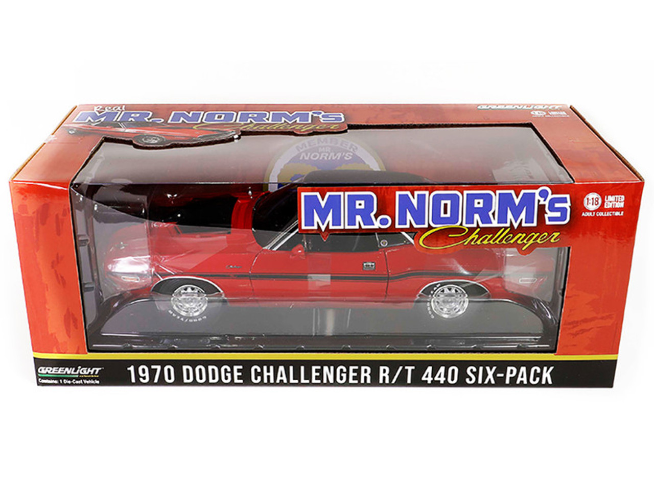 1970 Dodge Challenger R/T 440 Six-Pack - Mr. Norm's Grand Spaulding Dodge - Red with Black Interior - 1:18 Diecast Model by Greenlight
