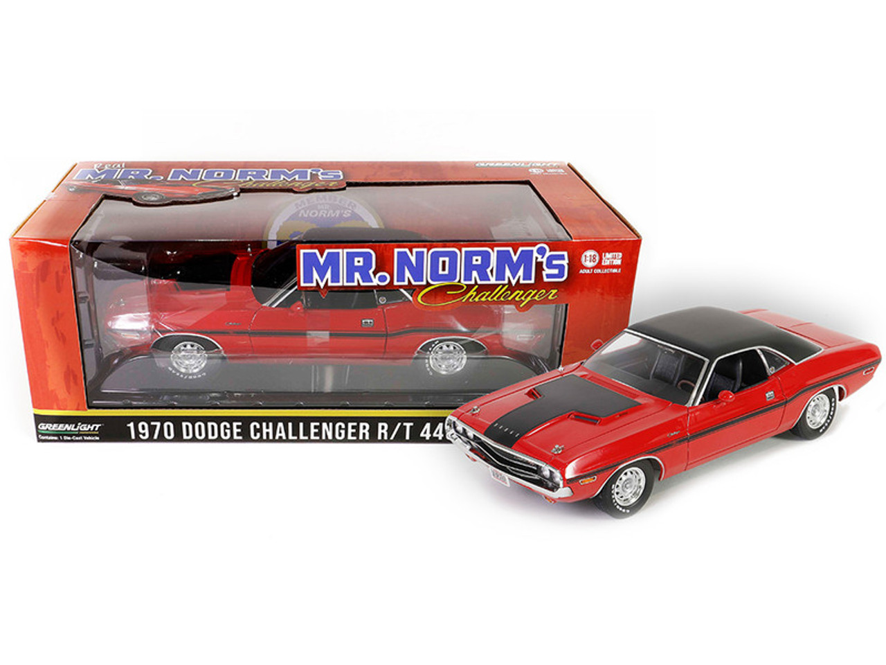 1970 Dodge Challenger R/T 440 Six-Pack - Mr. Norm's Grand Spaulding Dodge - Red with Black Interior - 1:18 Diecast Model by Greenlight