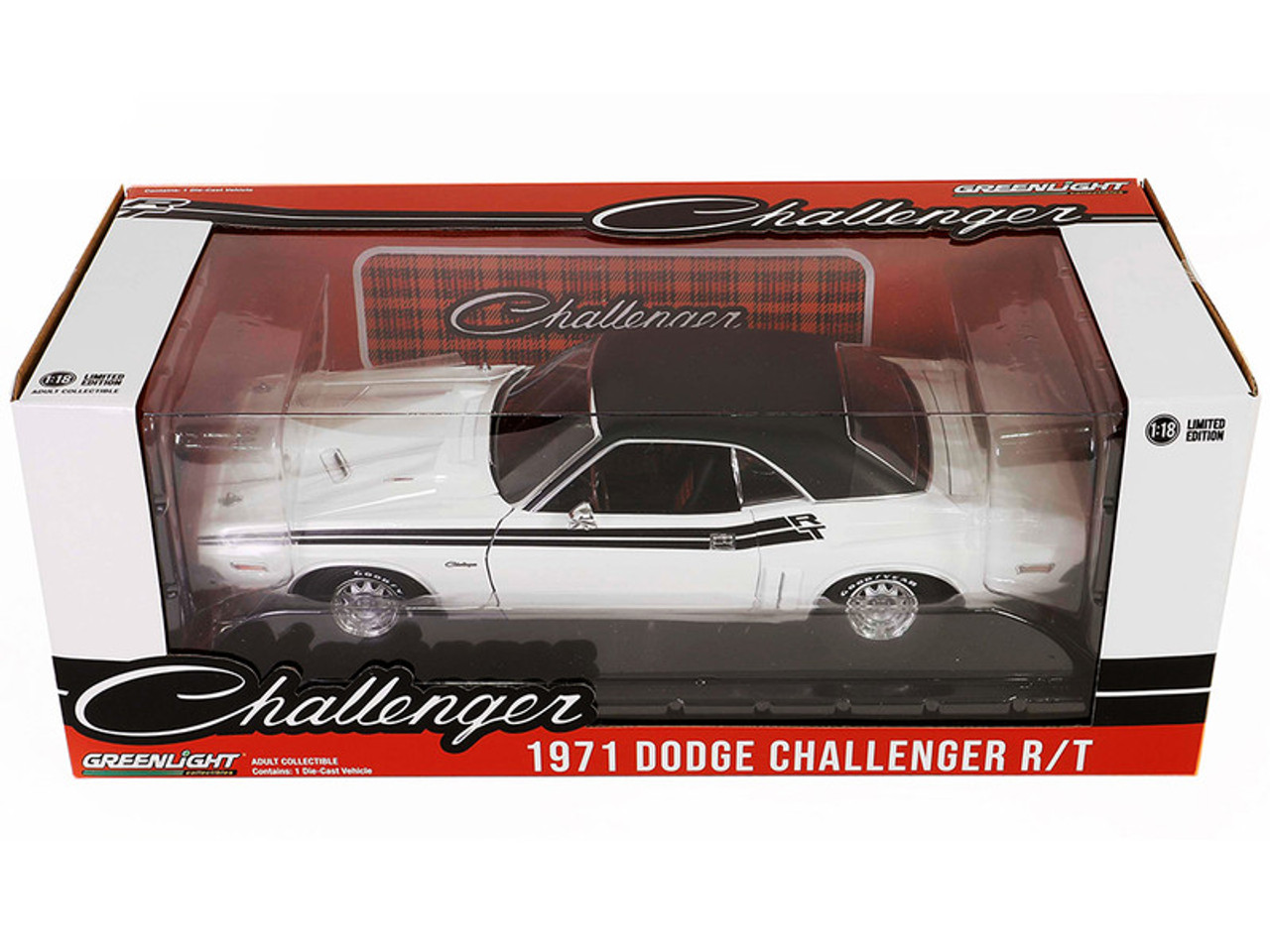 1971 Dodge Challenger R/T - Bright White with Black Interior and Red Plaid Seats - 1:18 Diecast Model by Greenlight