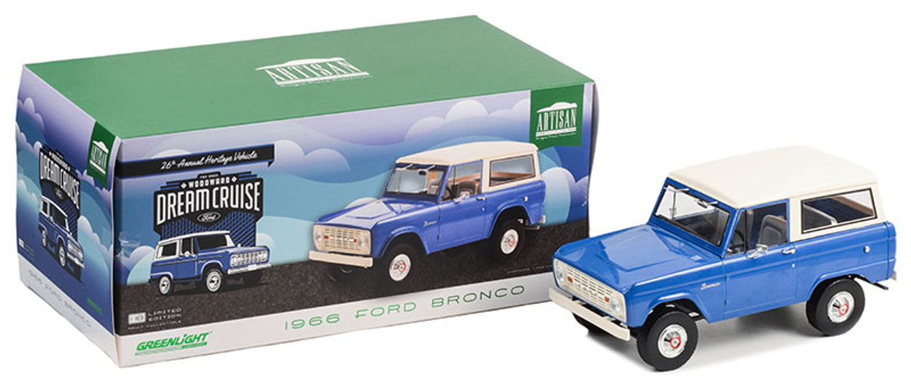 1966 Ford Bronco - Blue with Cream Top - 26th Annual Woodward Dream Cruise Featured Heritage Vehicle - Artisan Collection - 1:18 Diecast Model Car by Greenlight