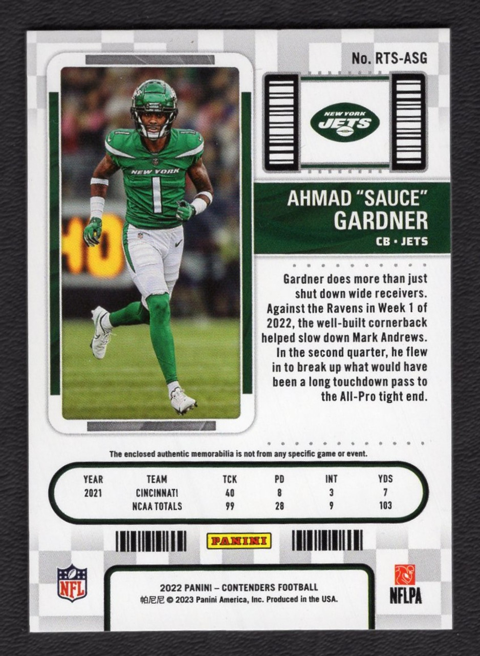2022 Panini Contenders #RTS-ASG Ahmad "Sauce" Gardner Rookie Ticket Jersey Relic