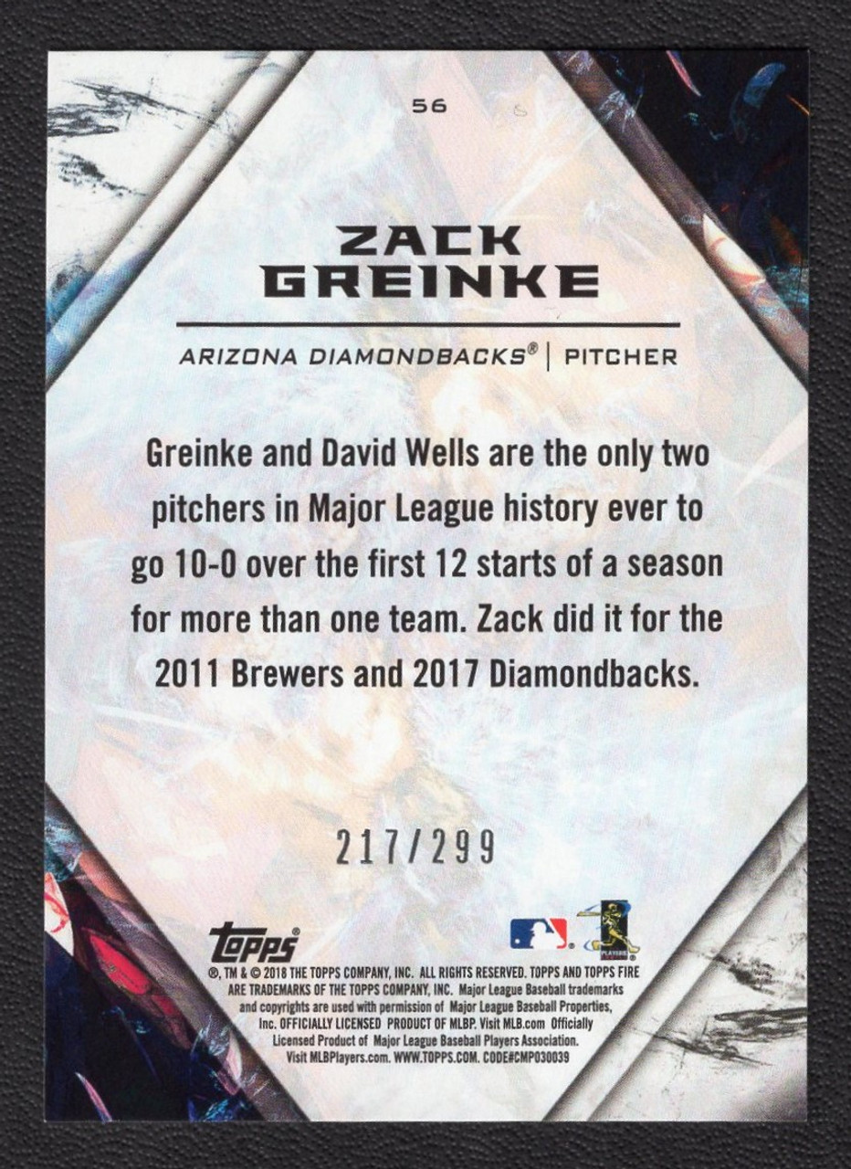 2018 Topps Fire #56 Zack Greinke Orange Parallel 217/299