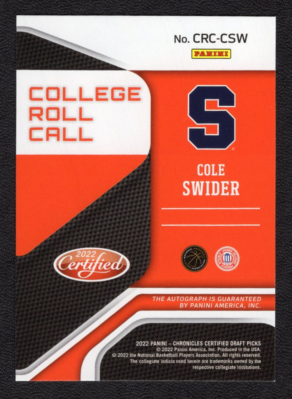 2022 Panini Chronicles Draft Picks #CRC-CSW Cole Swider Certified College Roll Call Rookie Autograph