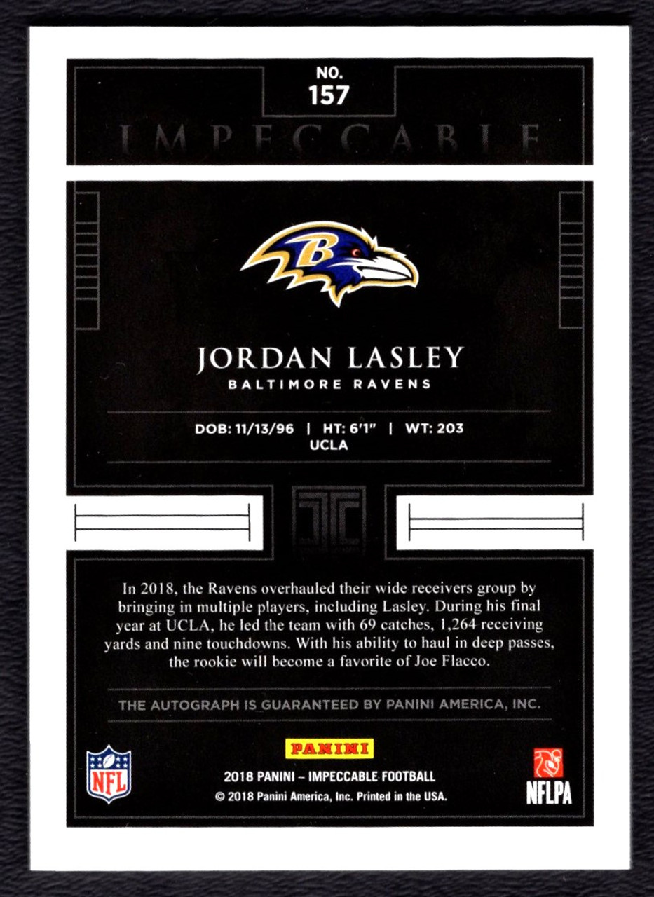 2018 Panini Impeccable #157 Jordan Lasley Silver Foil Rookie Autograph 06/25