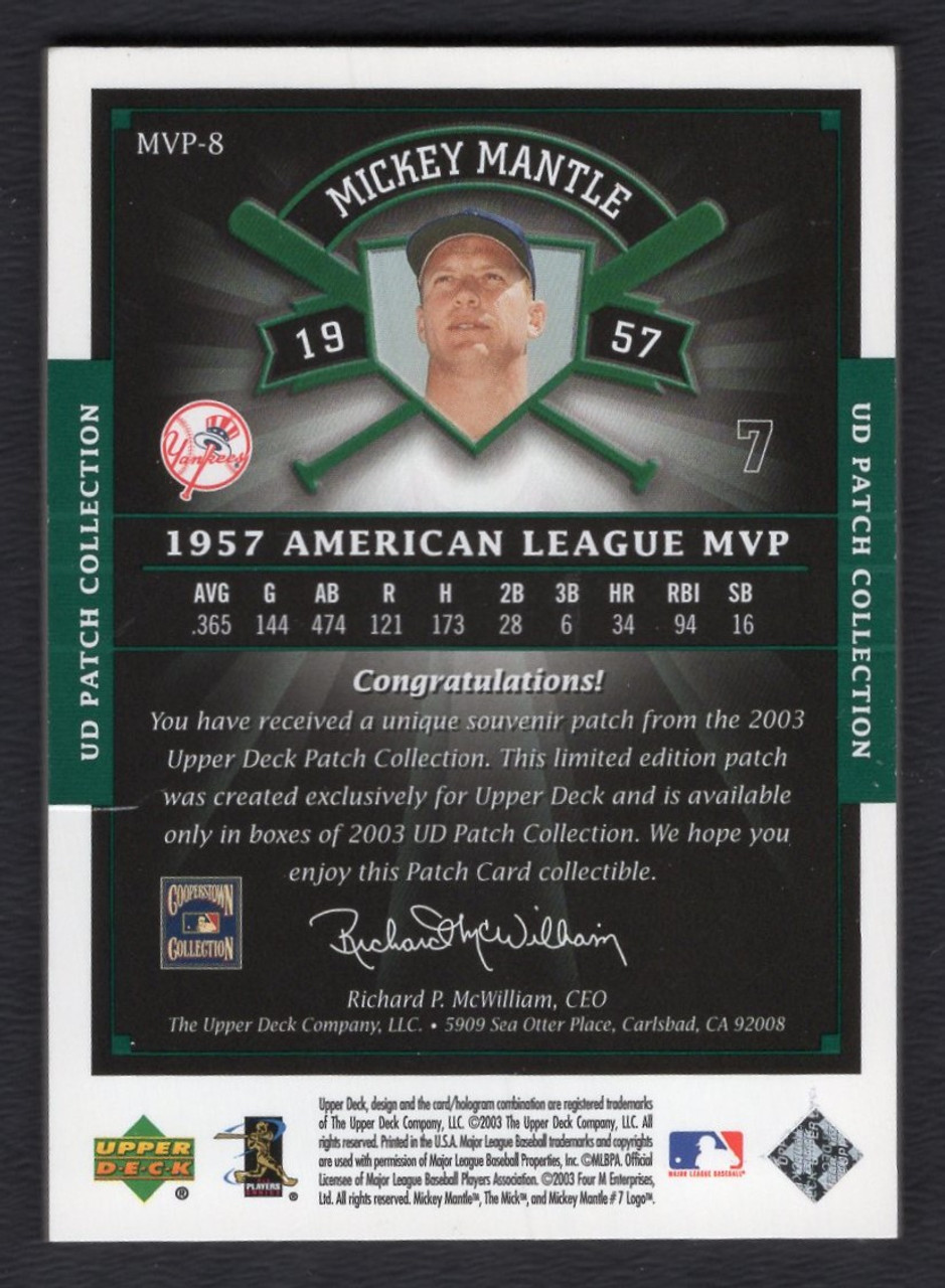 2003 Upper Deck Patch Collection #MVP-8 Mickey Mantle MVPs Manufactured Patch 