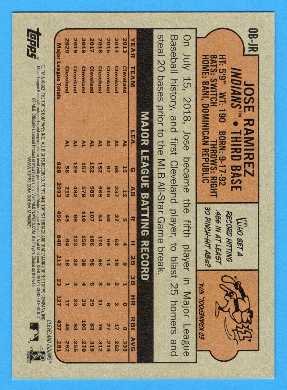 2021 Topps Heritage #OB-JR Jose Ramirez Oversized 1972 Topps Box Toppers