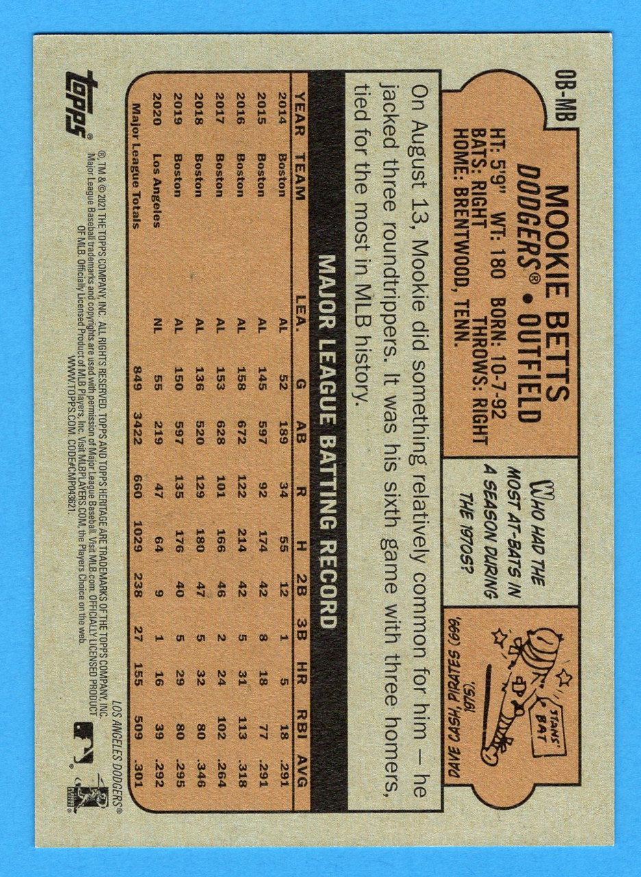 2021 Topps Heritage #OB-MB Mookie Betts Oversized 1972 Topps Box Toppers