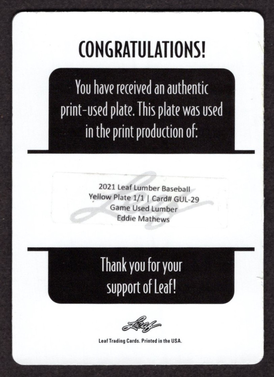 2021 Leaf Lumber ##GUL-29 Eddie Mathews Yellow Printing Plate 1/1