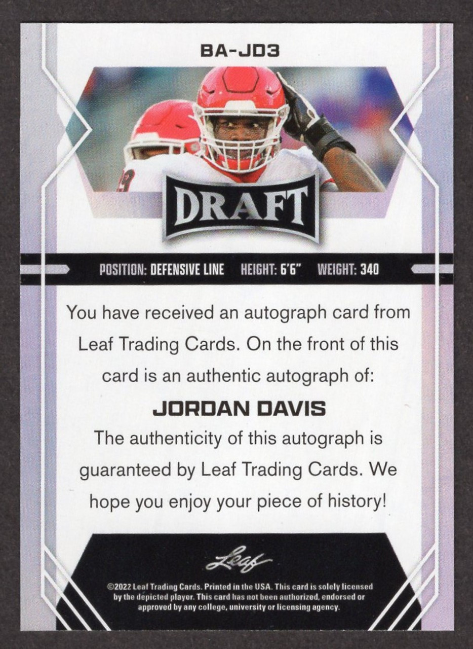 2022 Leaf Draft #BA-JD3 Jordan Davis Rookie XRC Autograph