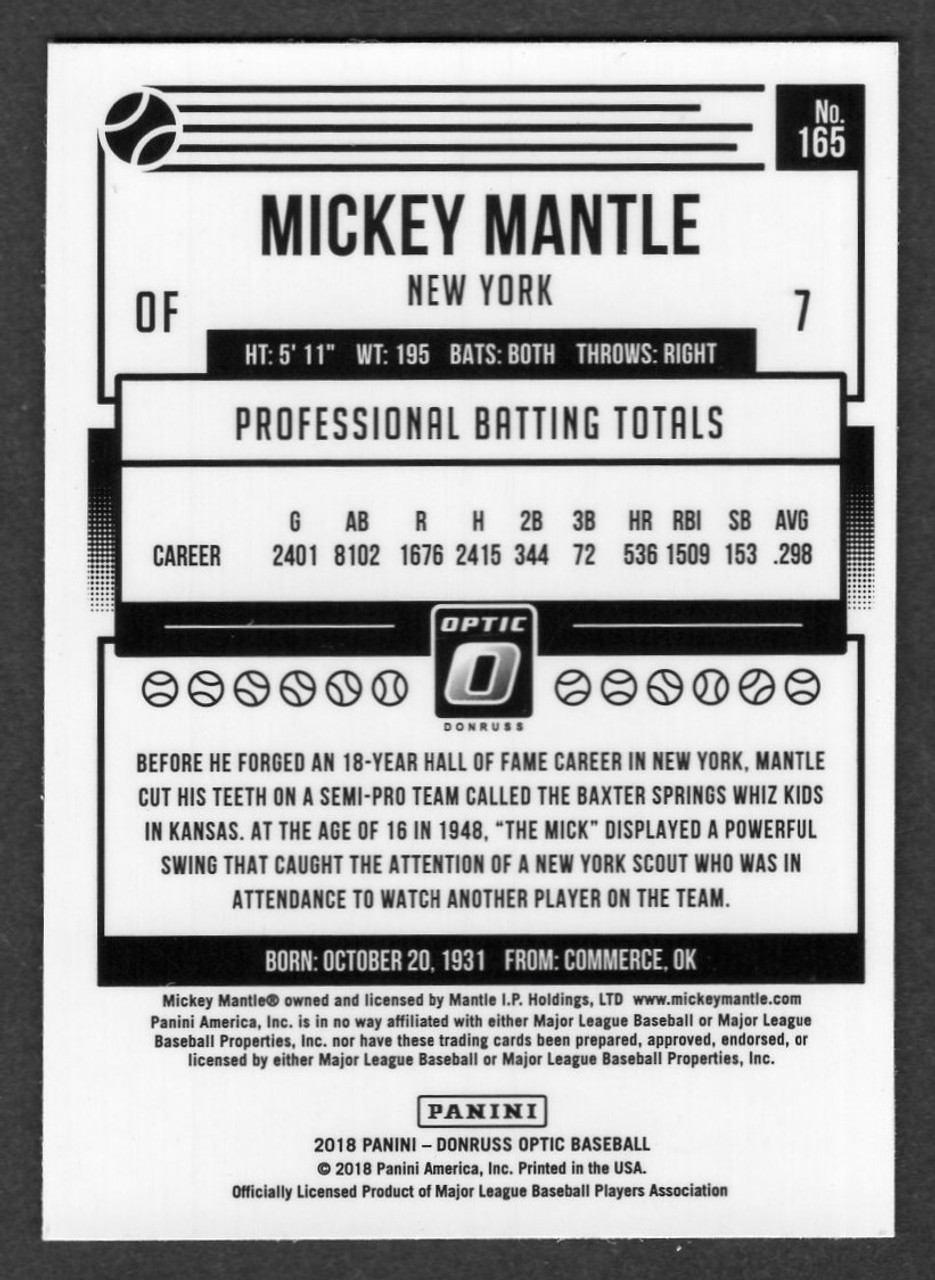 2018 Panini Donruss Optic #165 Mickey Mantle Nickname Variation "The Mick"