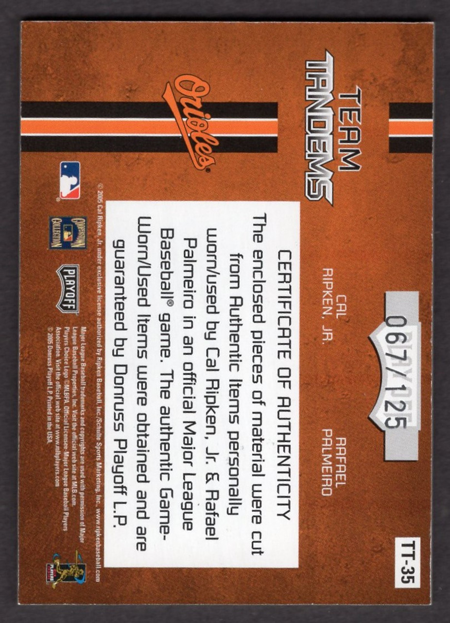 2005 Donruss Absolute Memorabilia #TT-35 Cal Ripken, Jr. / Rafael Palmeiro Team Tandems Dual Game Used Jersey Relic 067/125