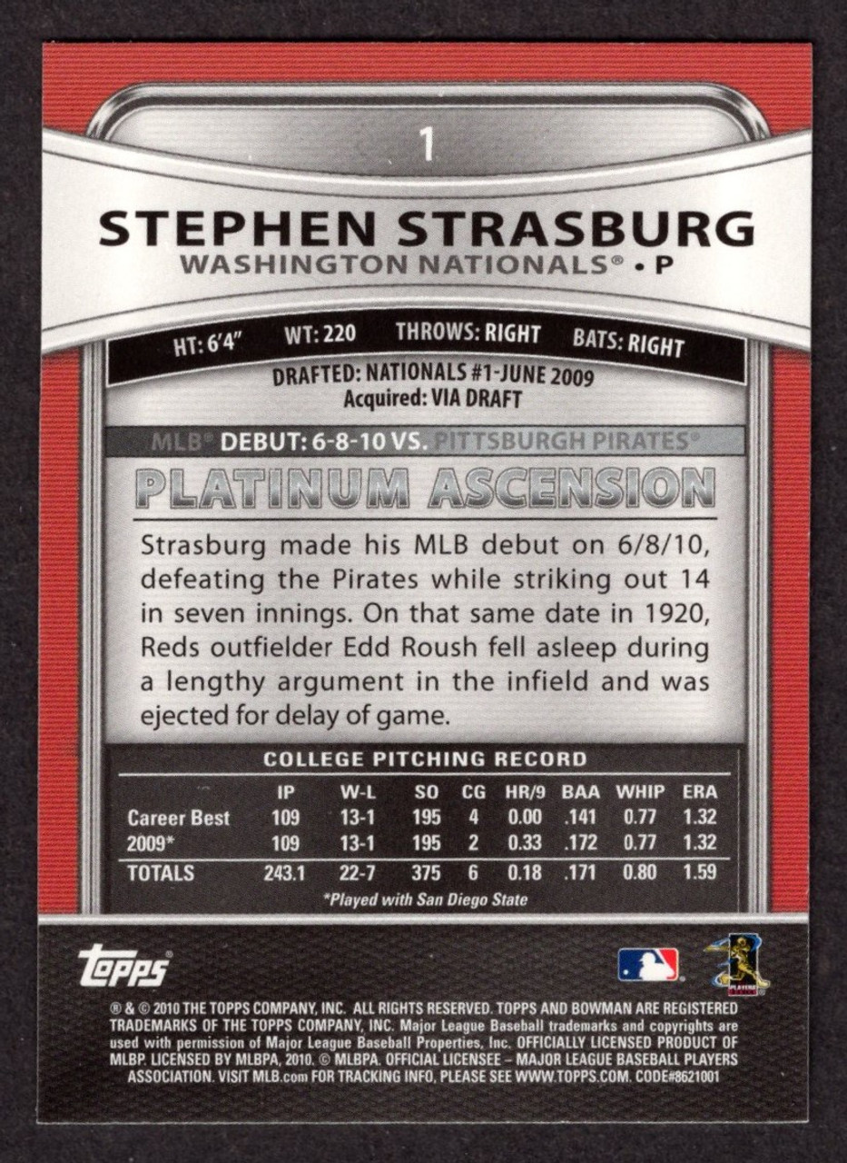 2010 Bowman Platinum #1 Stephen Strasburg Rookie/RC