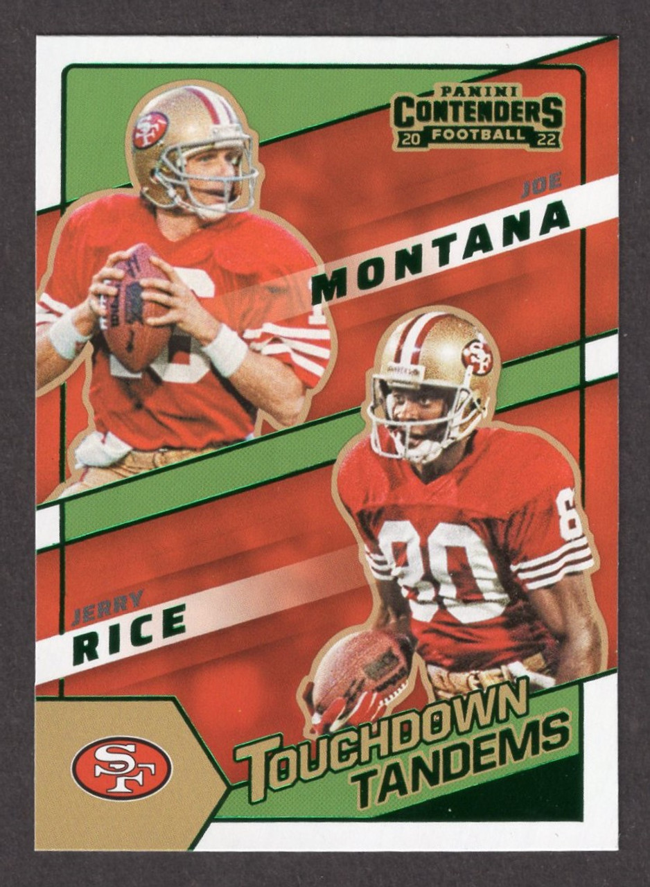 2022 Panini Contenders #TDT-SF9 Joe Montana / Jerry Rice Touchdown Tandems Green Foil