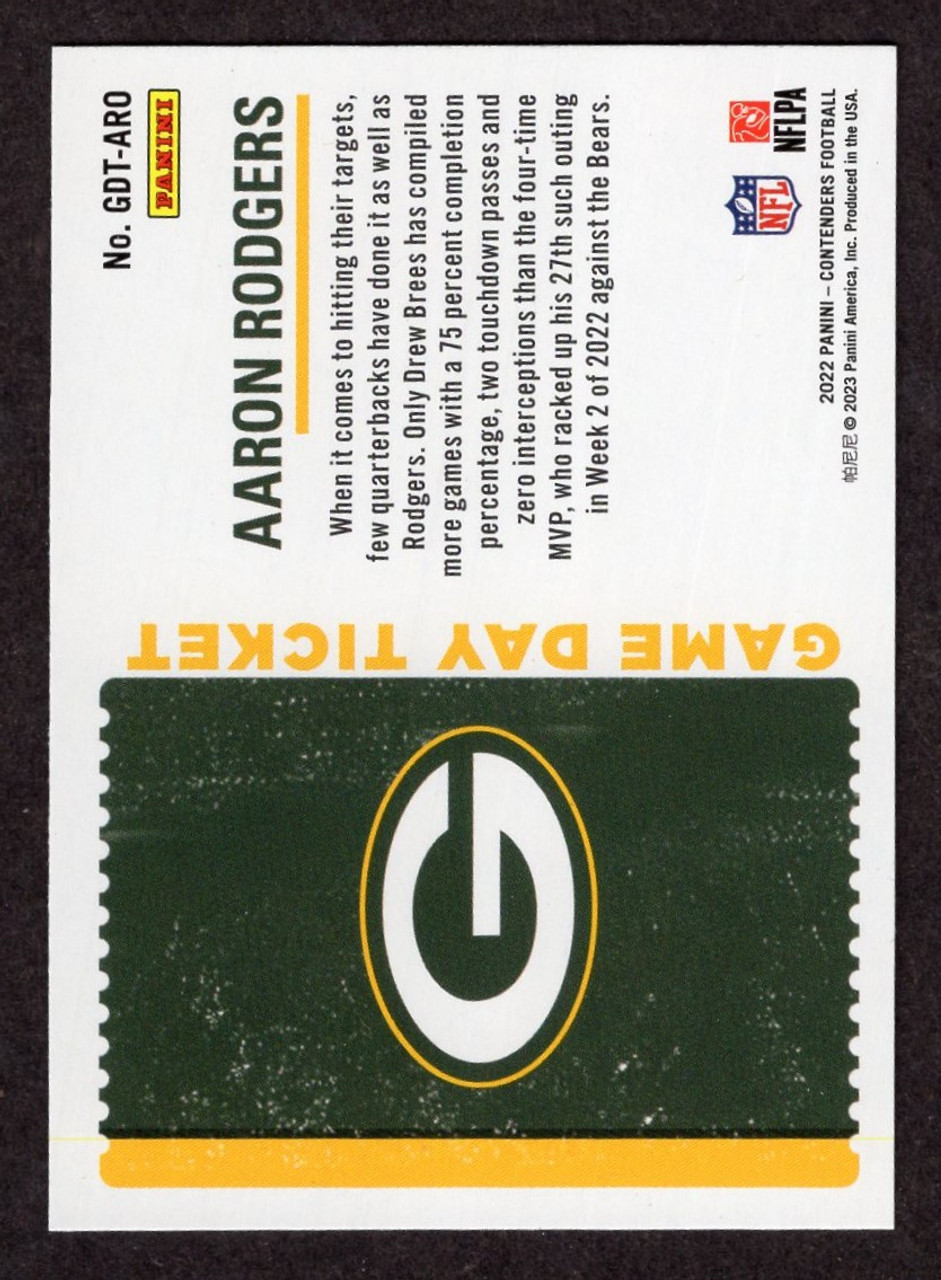 2022 Panini Contenders #GDT-ARO Aaron Rodgers Game Day Ticket Green Foil