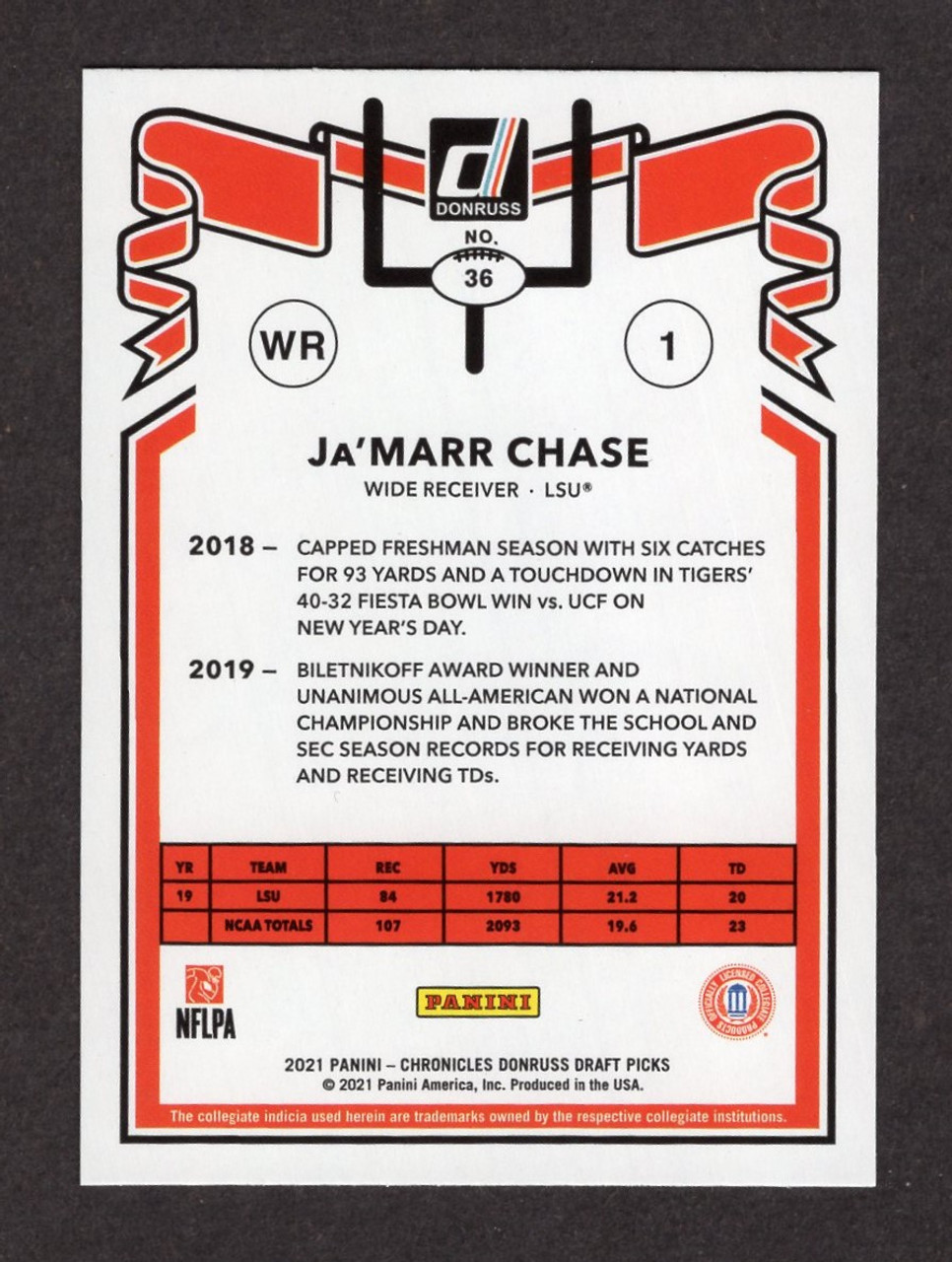 2021 Panini Chronicles Draft Picks #36 Ja'Marr Chase Donruss Rookie/RC (#2)