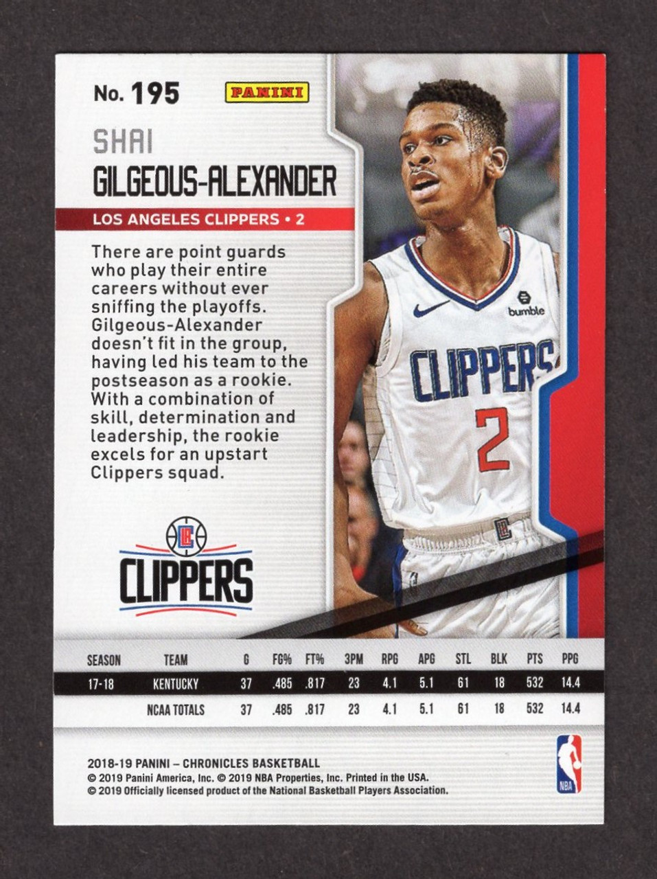 2018/19 Panini Chronicles #195 Shai Gilgeous-Alexander Playoff Rookie/RC