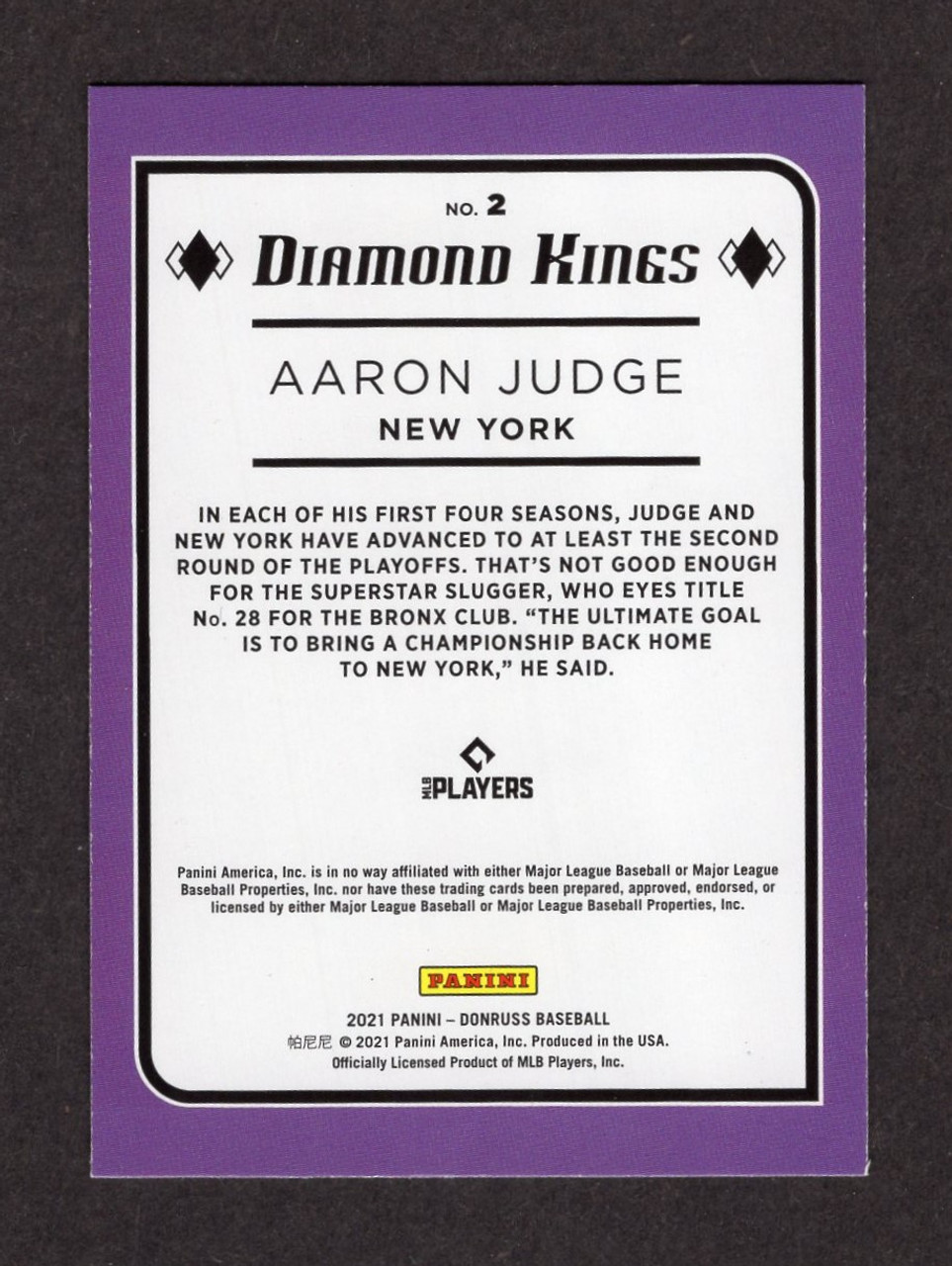 2021 Panini Donruss #2 Aaron Judge Diamond Kings Blue Holo Parallel