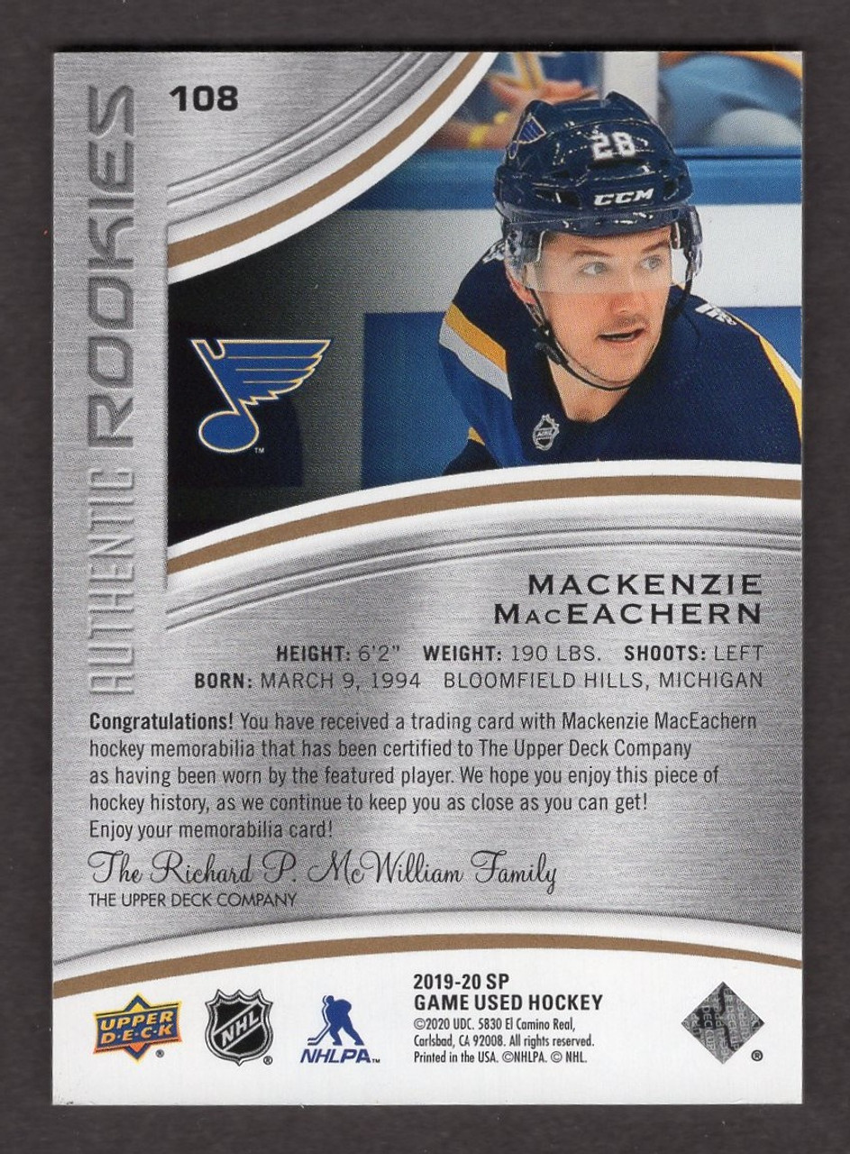 2019/20 Upper Deck SP Game Used #108 Mackenzie MacEachern Authentic Rookies Jersey Relic 521/599