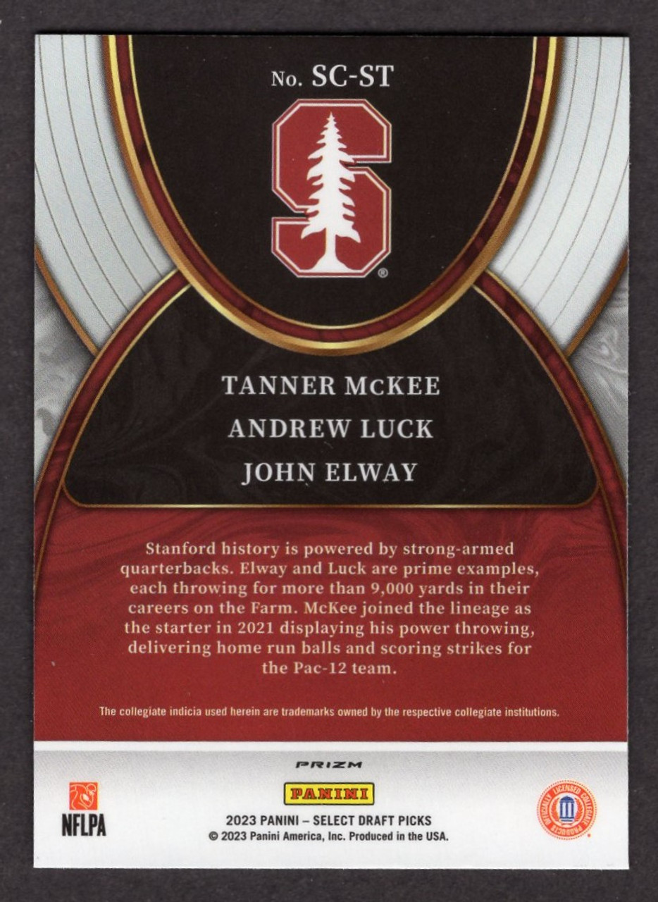 2023 Panini Select Draft Picks #SC-ST Tanner McKee / Andrew Luck / John Elway Select Company Silver Prizm