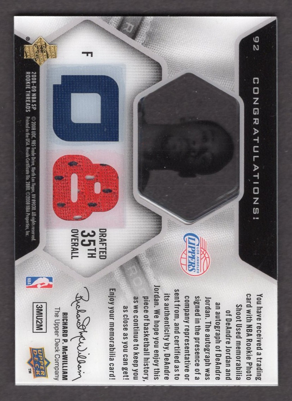 2008/09 Upper Deck SP Rookie Threads #92 Deandre Jordan Signature Rookie Threads Autograph 078/599