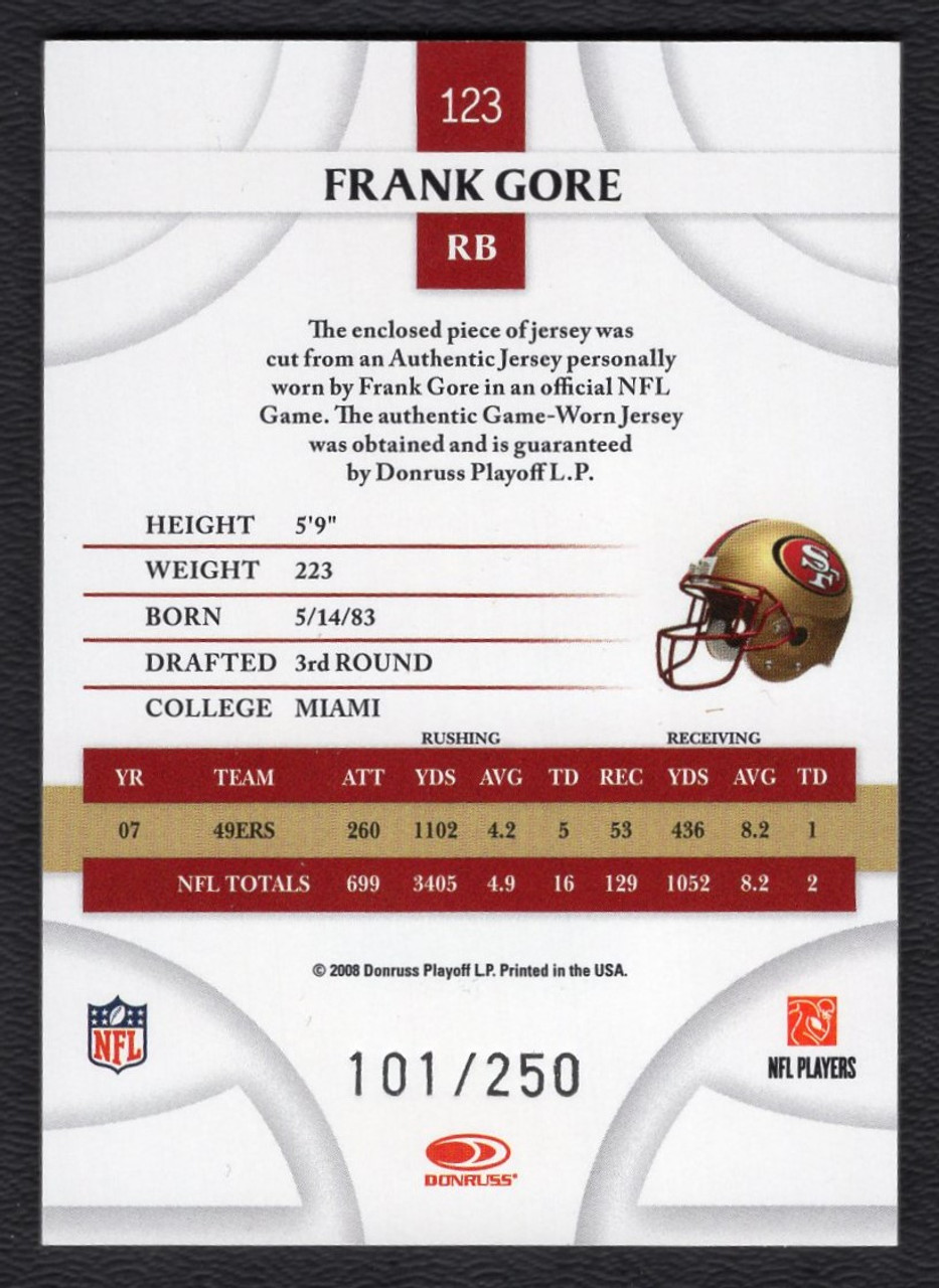 2008 Donruss Threads #123 Frank Gore Game Used Jersey Relic 101/250