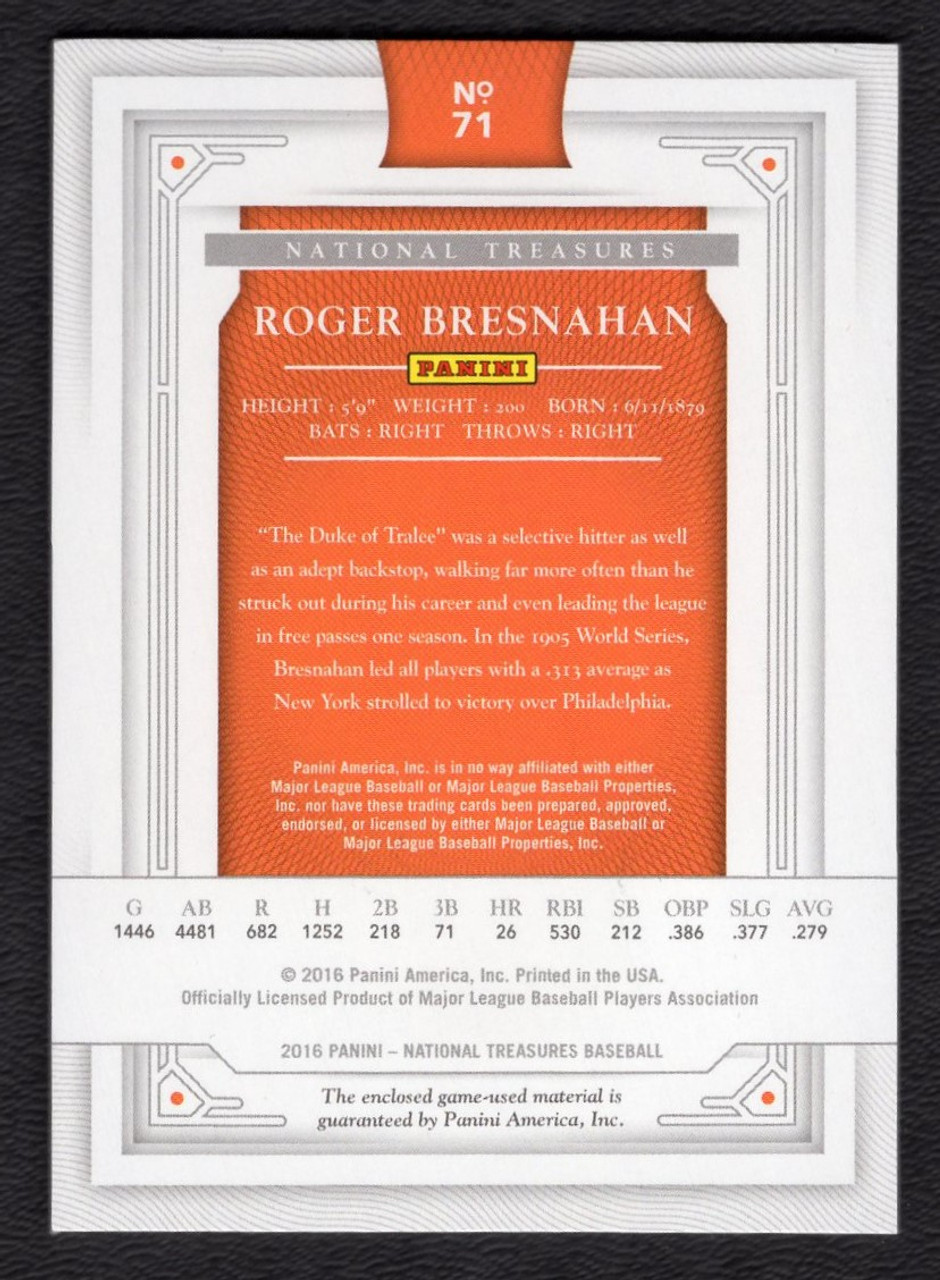 2016 Panini National Treasures #71 Roger Bresnahan Game Used Bat Relic 20/99