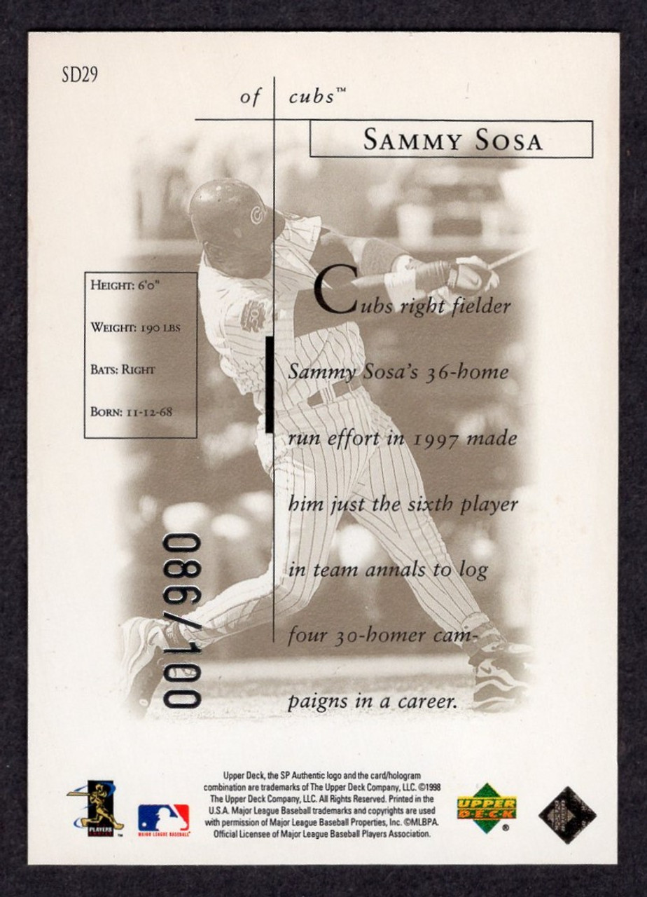 1998 Upper Deck SP Authentic #SD29 Sammy Sosa Sheer Doninance Titanium 086/100