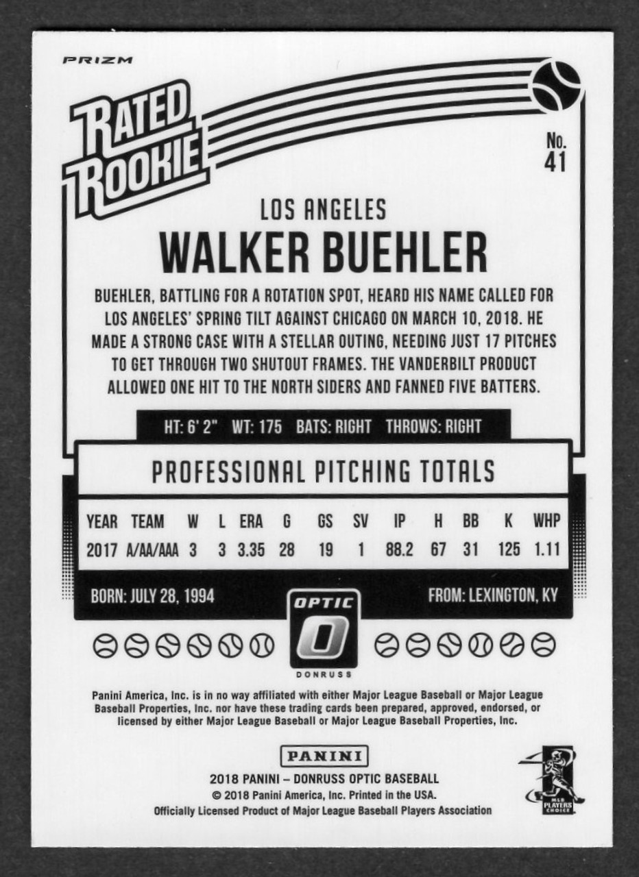 2019 Panini Donruss Optic #41 Walker Buehler Rated Rookie Purple Prizm
