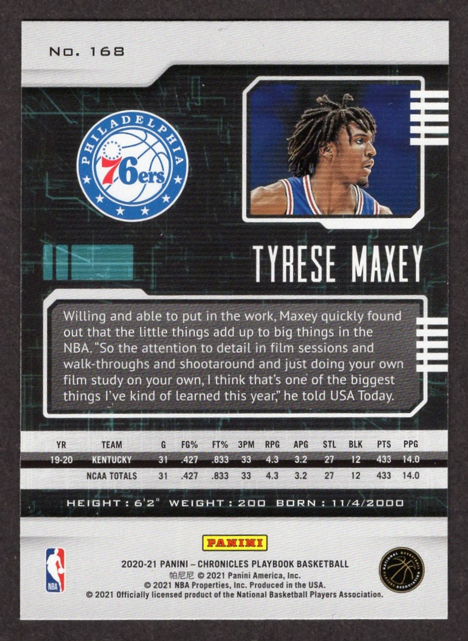 2020/21 Panini Playbook #168 Tyrese Maxey Green Foil Rookie/RC