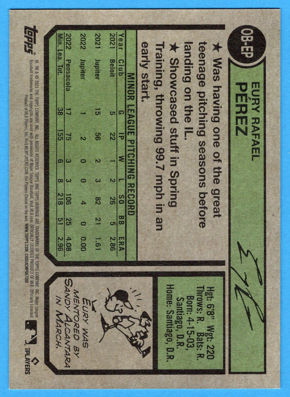 2023 Topps Heritage High Number #OB-EP Eury Perez Oversized 1974 Topps Rookie/RC