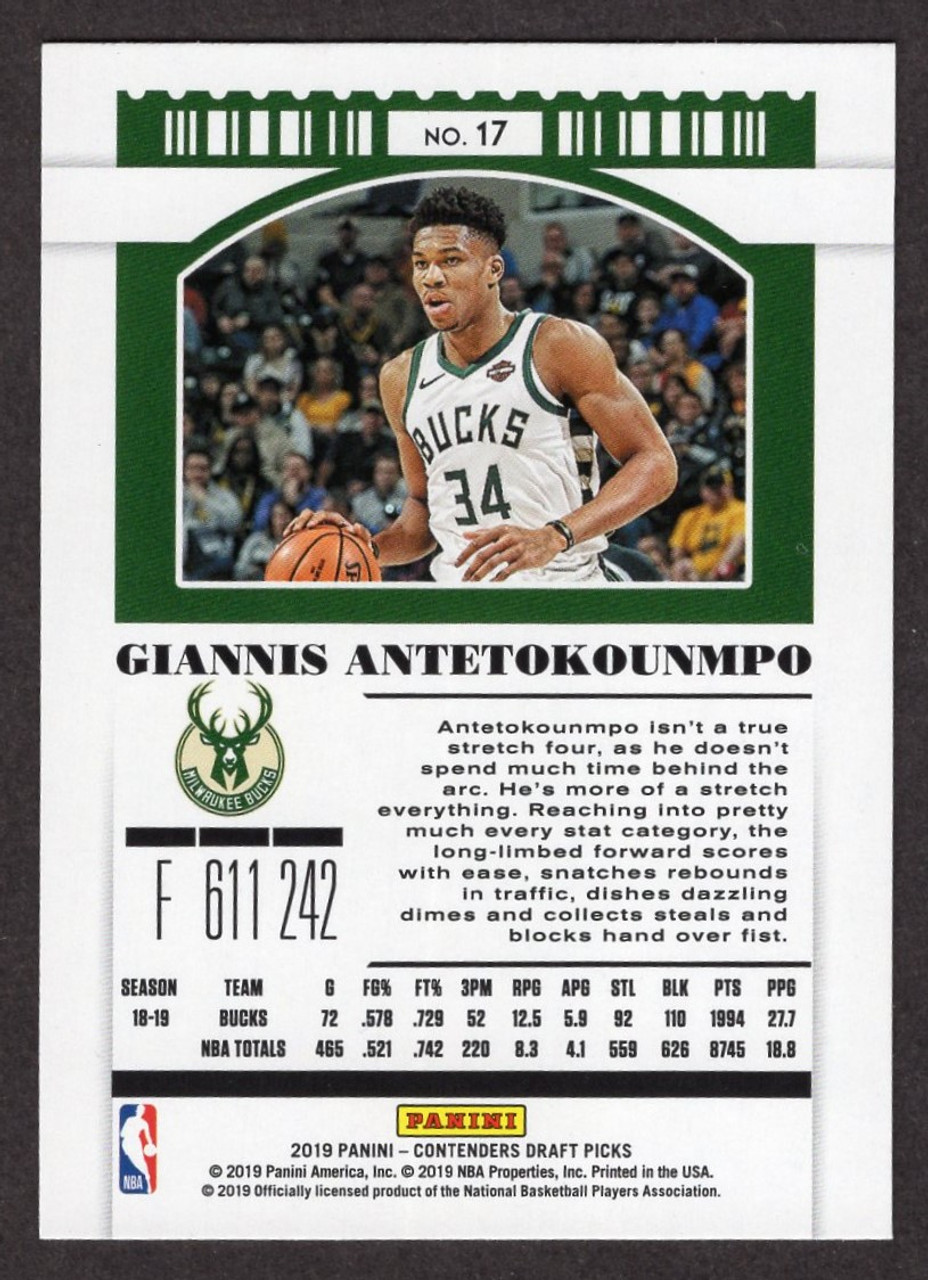 2019/20 Panini Contenders #17 Giannis Antetokounmpo Draft Ticket Blue Foil Variation