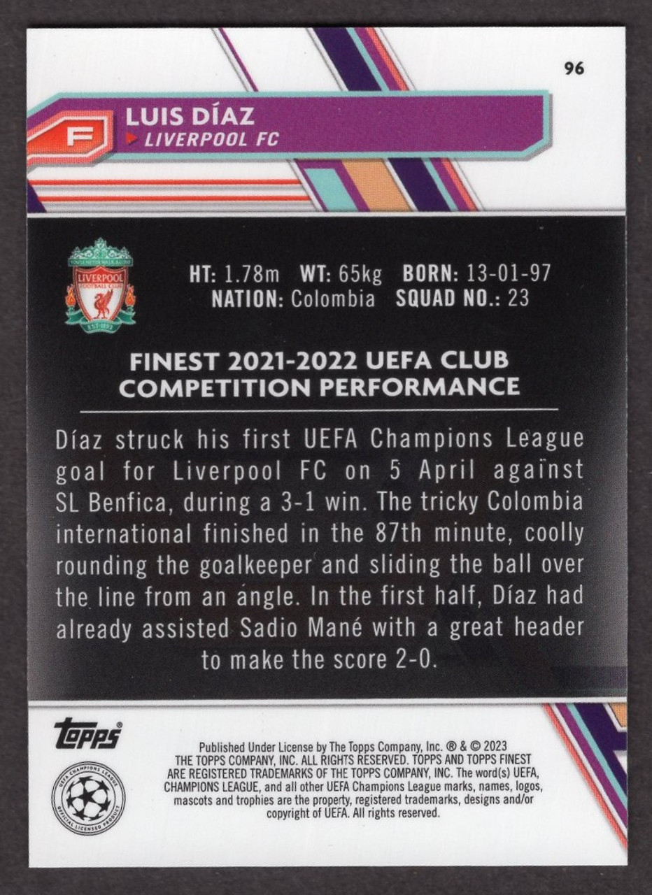 2023 Topps Finest UEFA Champions League #96 Luis Diaz Purple Shimmer Refractor 150/199