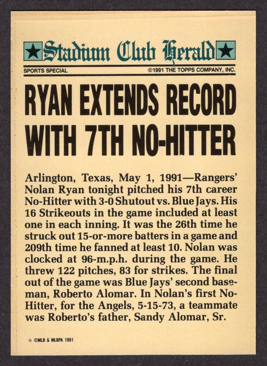 1991 Topps Stadium Club Nolan Ryan Members Only 7th No-Hitter 