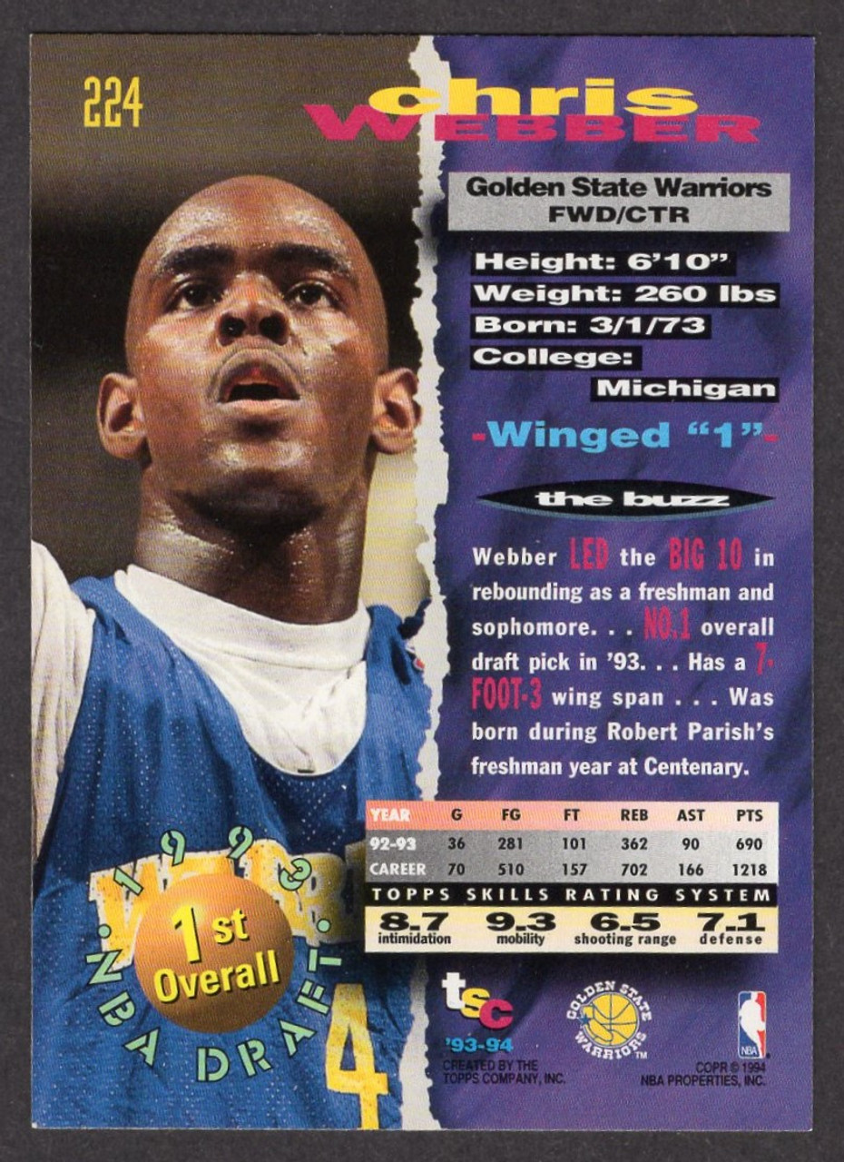 1993/94 Topps Stadium Club #224 Chris Webber Draft Pick Rookie/RC
