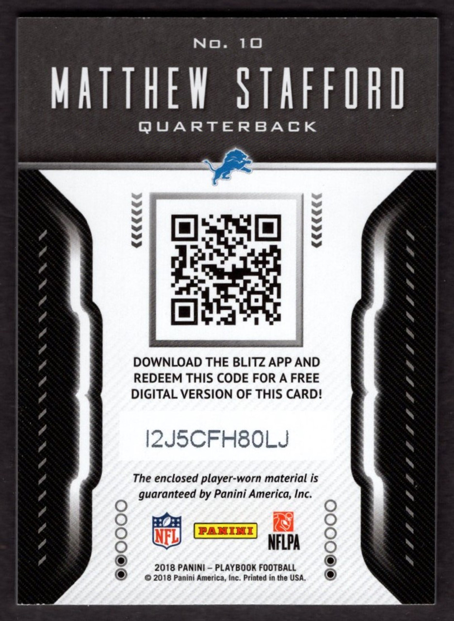 2018 Panini Playbook #10 Matthew Stafford Blitz Jersey Relic