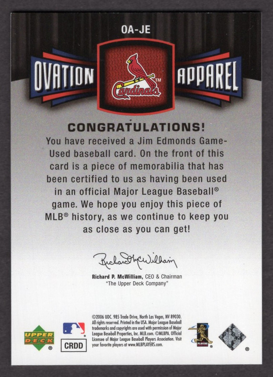 2006 Upper Deck Ovation Apparel #OA-JE Jim Edmonds Game Used Jersey Relic