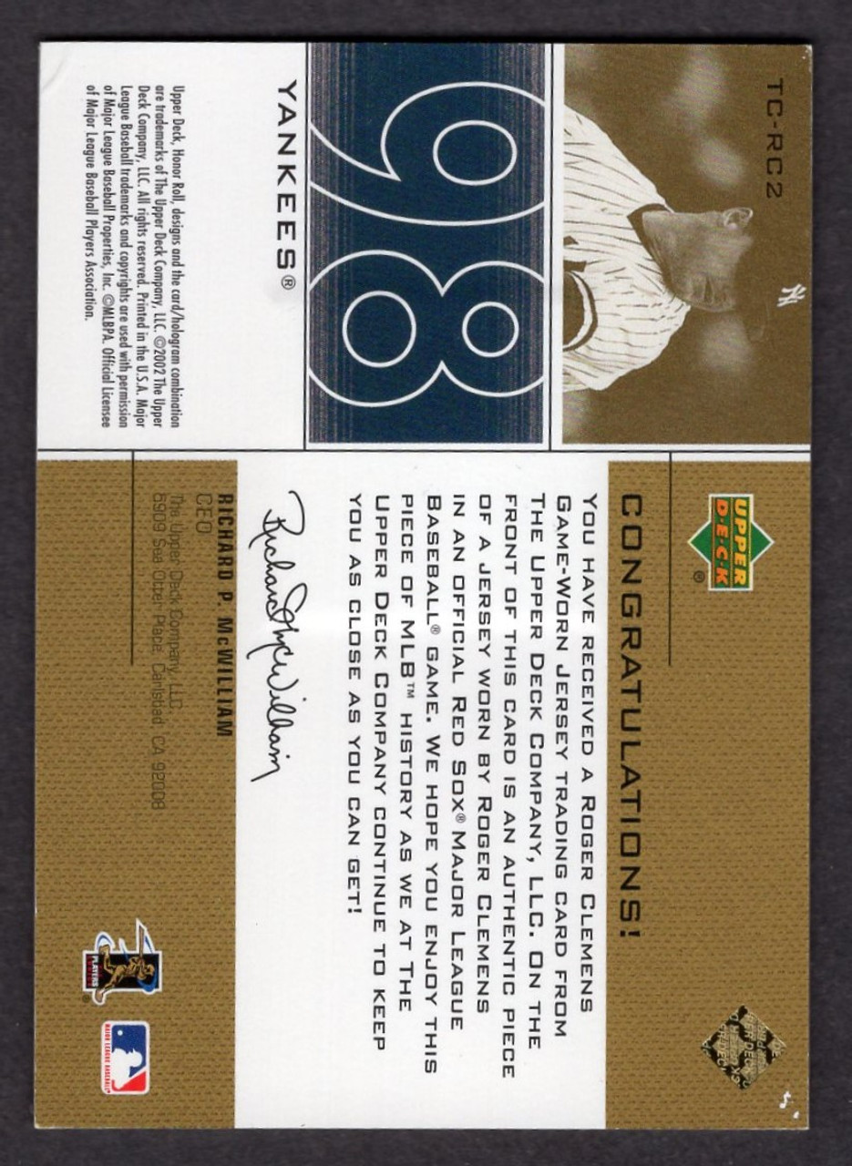 2002 Upper Deck Honor Roll #TC-RC2 Roger Clemens Time Capsule Game Used Jersey Relic 88/99
