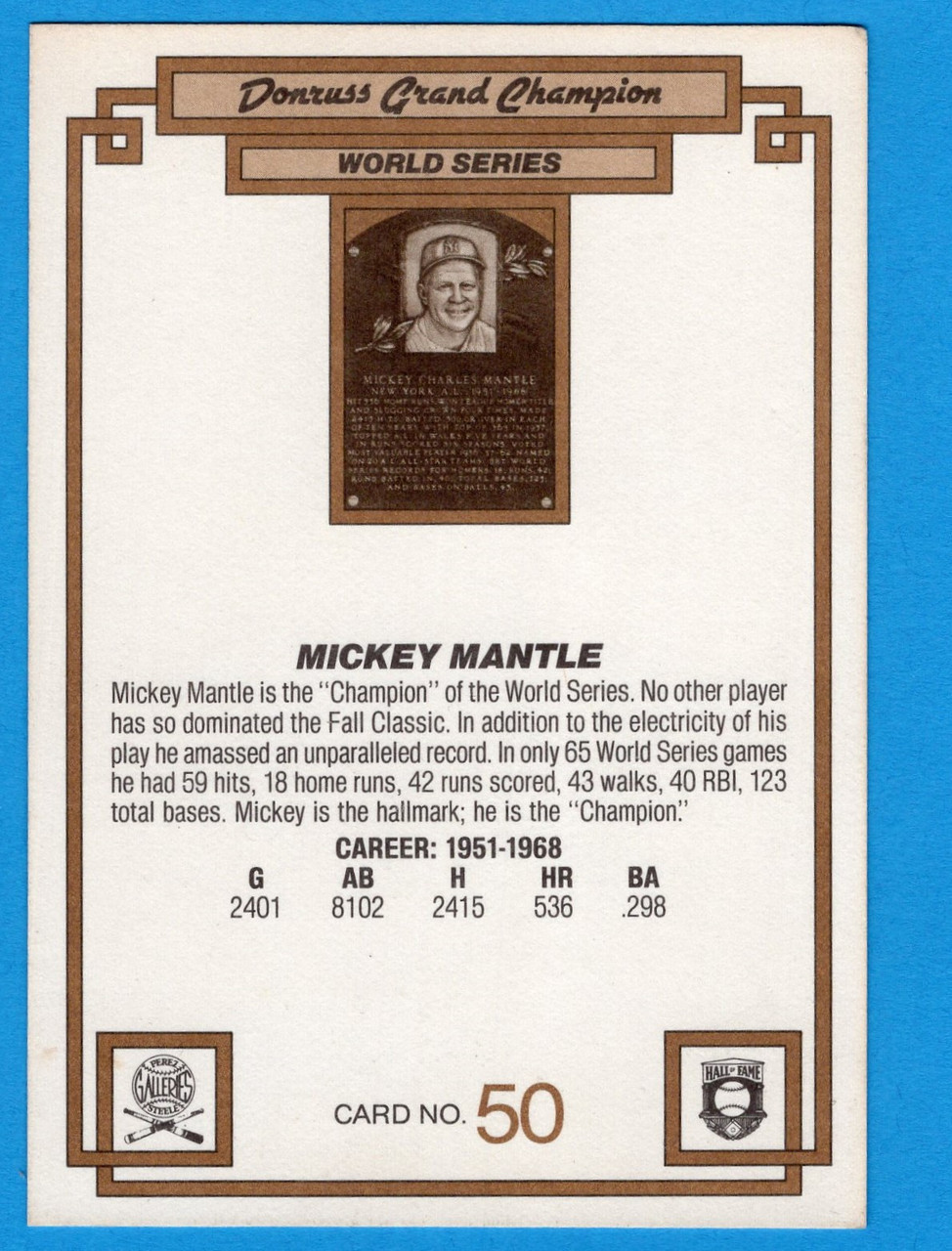 1984 Donruss Champions #50 Mickey Mantle (Oversized; #3)