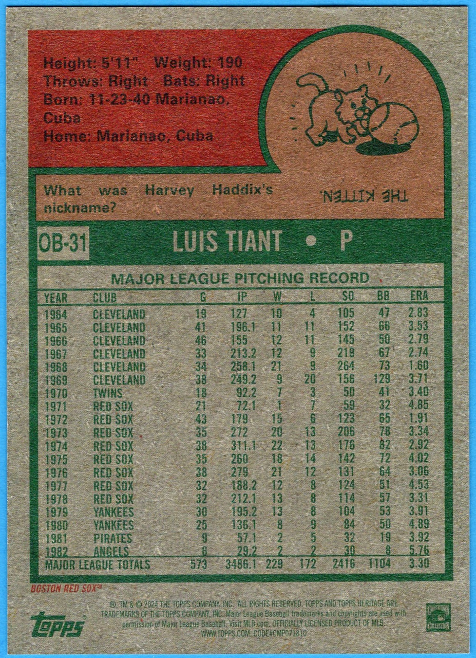 2024 Topps Heritage #OB-31 Luis Tiant Oversized 1975 Topps Box Loader (#2)