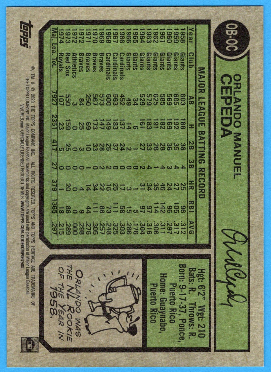 2023 Topps Heritage High Number #OB-OC Orlando Cepeda Oversized 1974 Topps