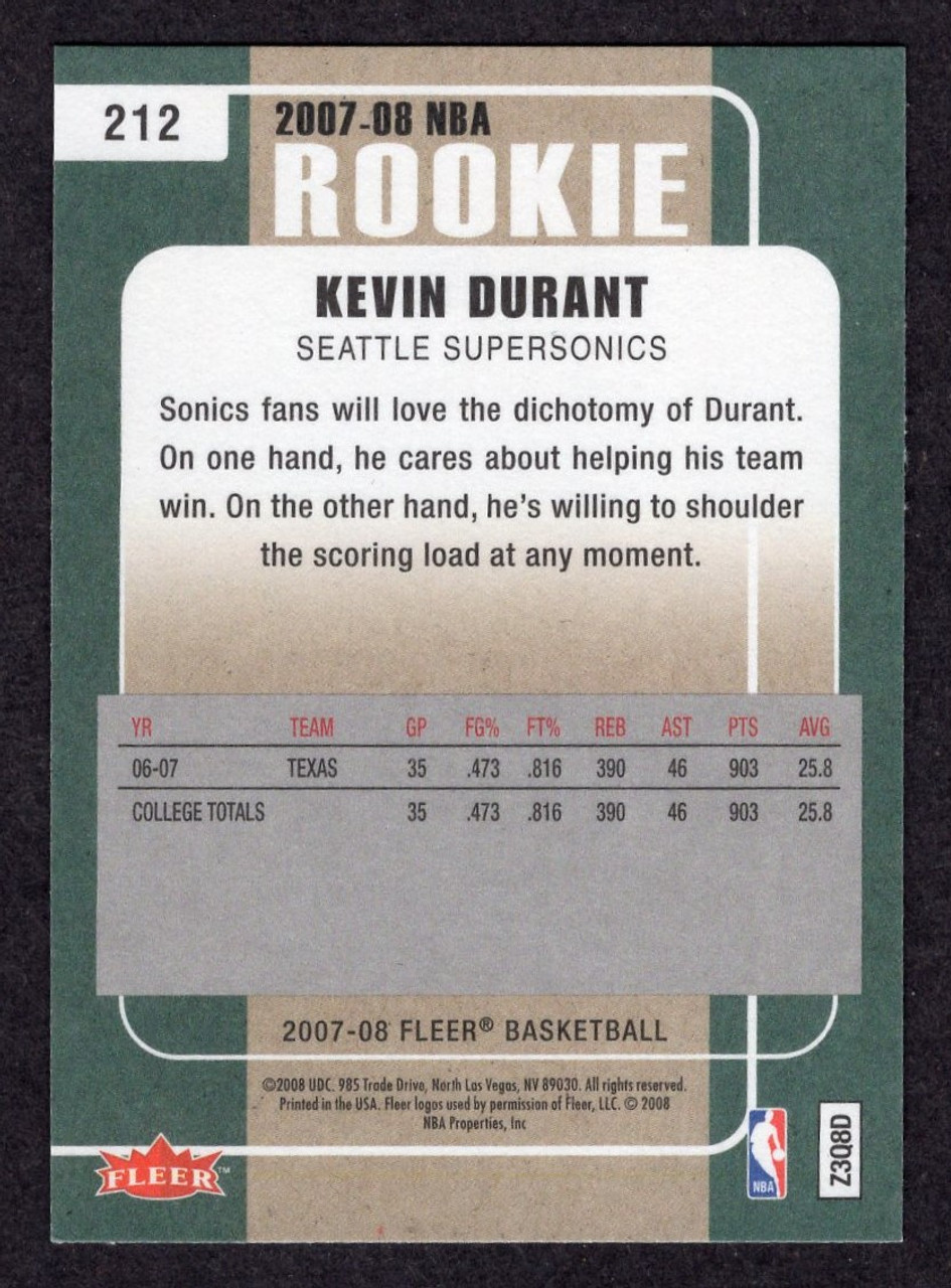 2007/08 Fleer #212 Kevin Durant Rookie/RC