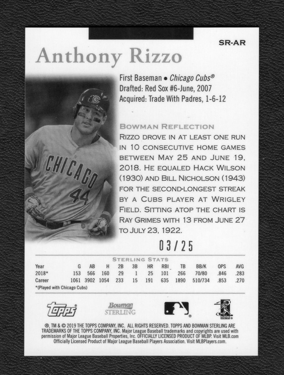 2019 Bowman Sterling #SR-AR Anthony Rizzo Blue Refractor 3/25 