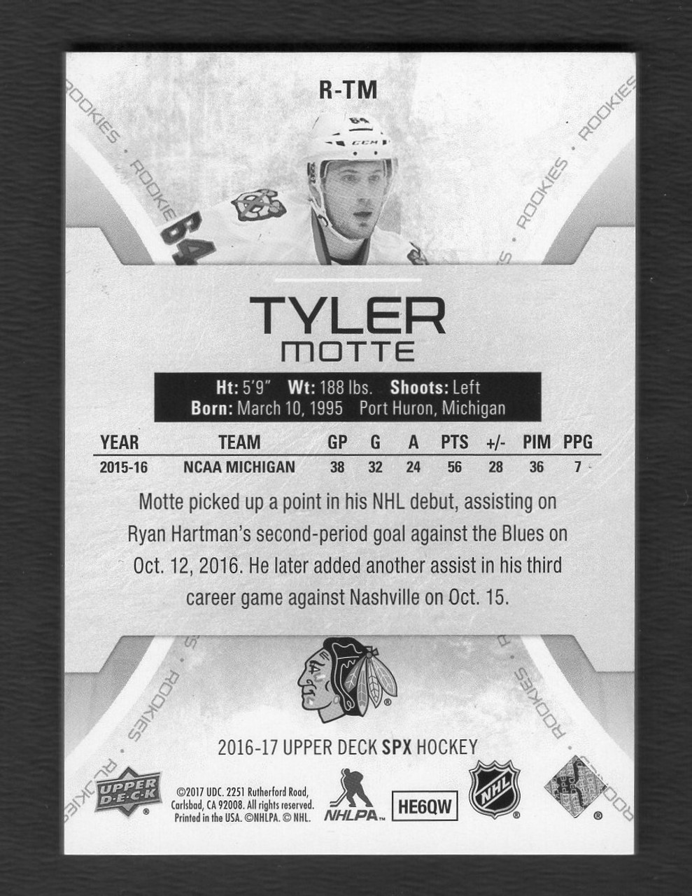 2016-17 Upper Deck SPx #R-TM Tyler Motte Rookie 107/399