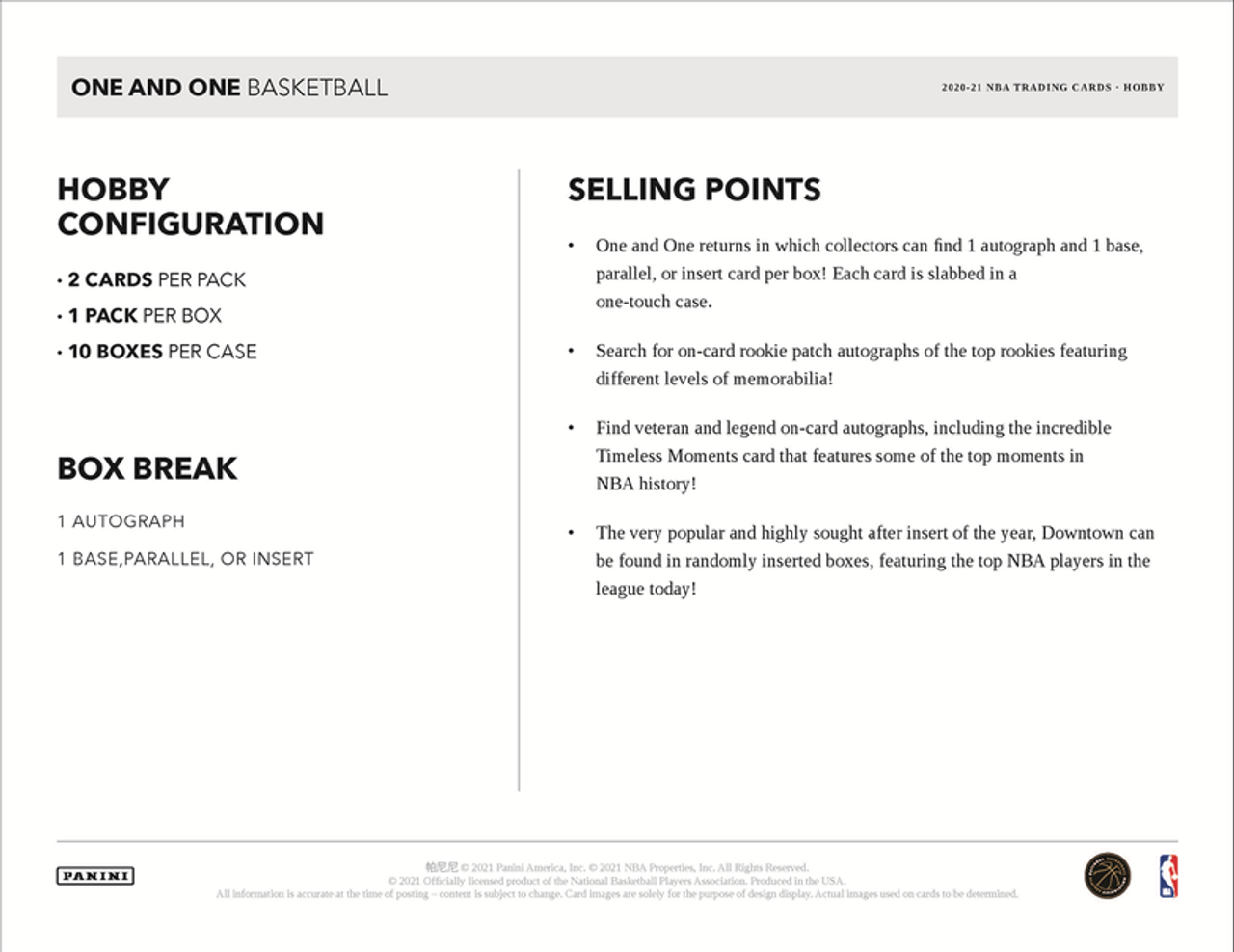 2020/21 Panini One and One Basketball Hobby Box