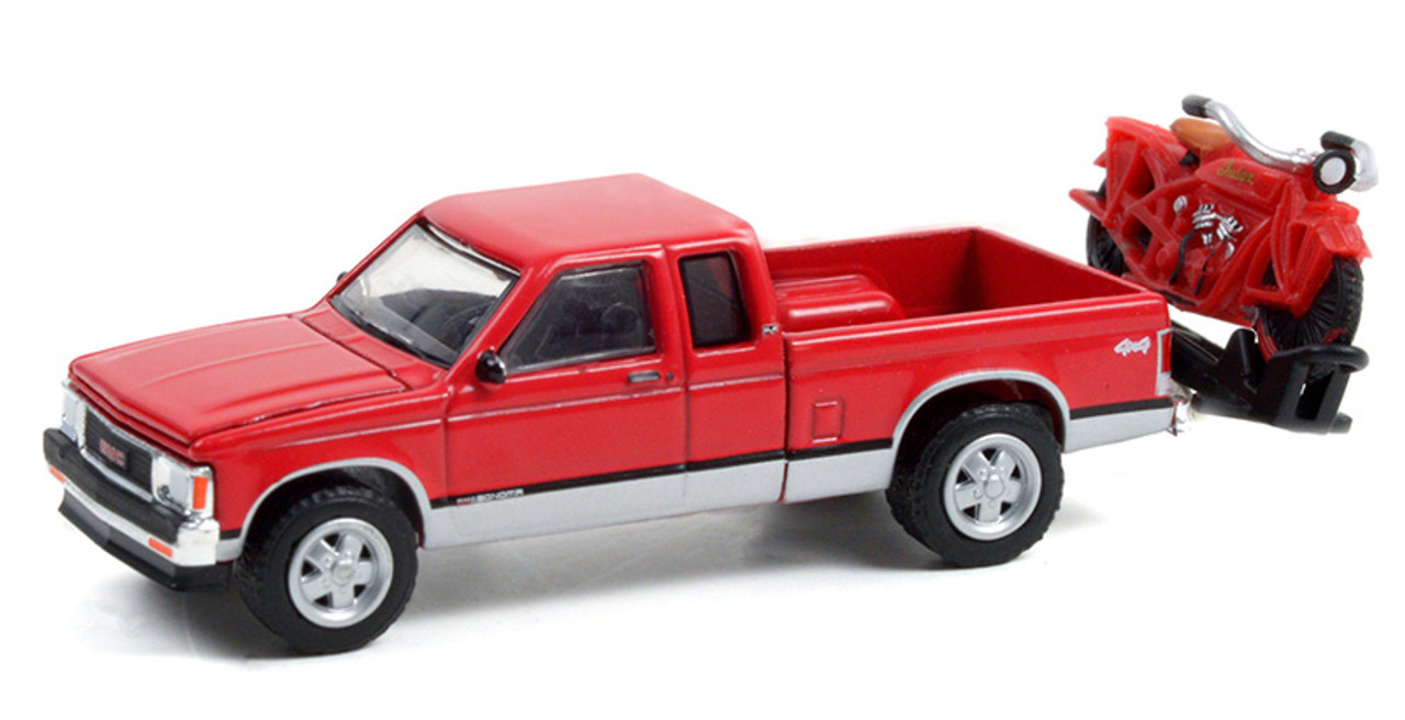 1991 GMC Sonoma Extended Cab Pickup Truck Red with 1920 Indian Scout Motorcycle on Hitch Carrier "100 Years of Indian Scout" "Anniversary Collection" Series 13 1/64 Diecast Model Car by Greenlight