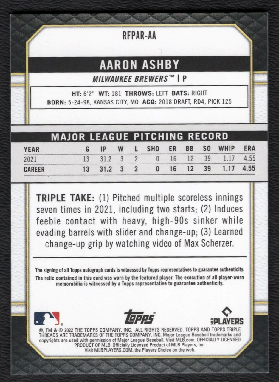 2022 Topps Triple Threads #RFPAR-AA Aaron Ashby Rookie Patch Autograph 16/75