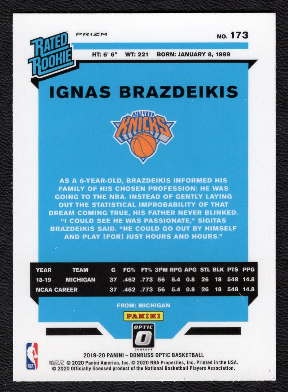 2019/20 Panini Donruss Optic #173 Ignas Brazdeikis Holo Rated Rookie