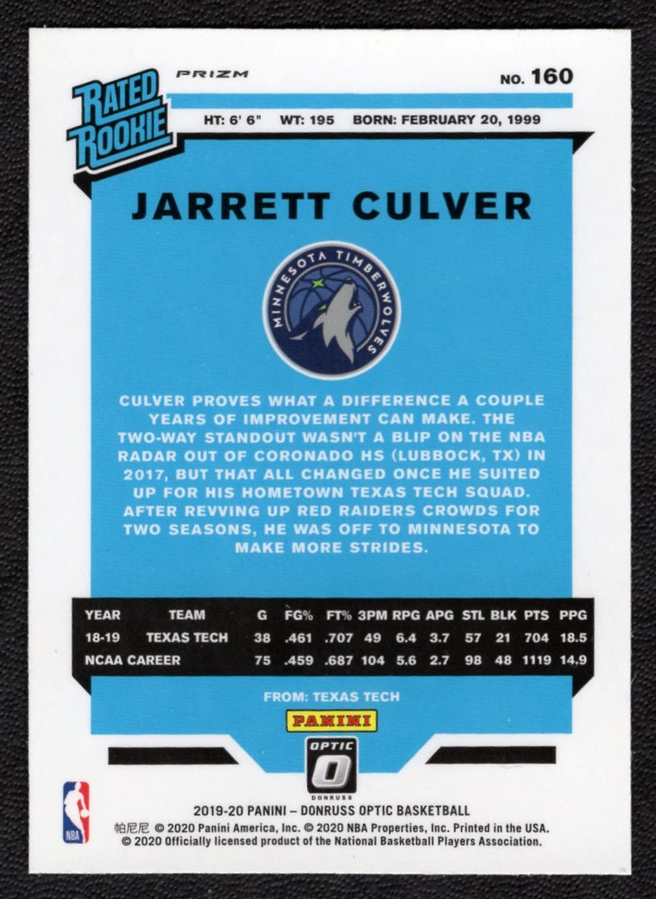 2019/20 Panini Donruss Optic #160 Jarrett Culver Blue Velocity Prizm Rated Rookie
