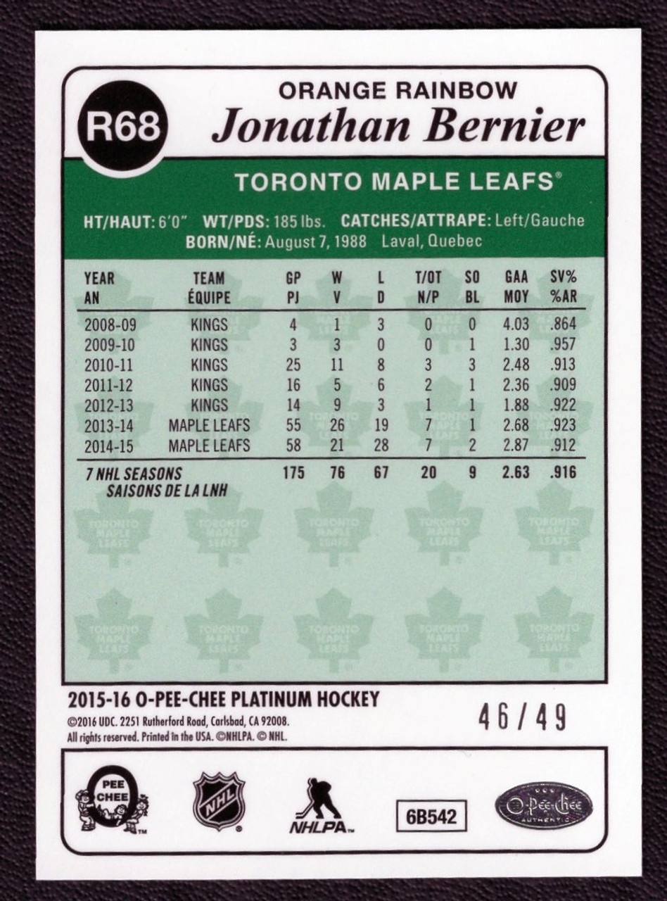 2015-16 Upper Deck OPC Platinum #R68 Jonathan Bernier Orange Rainbow 46/49
