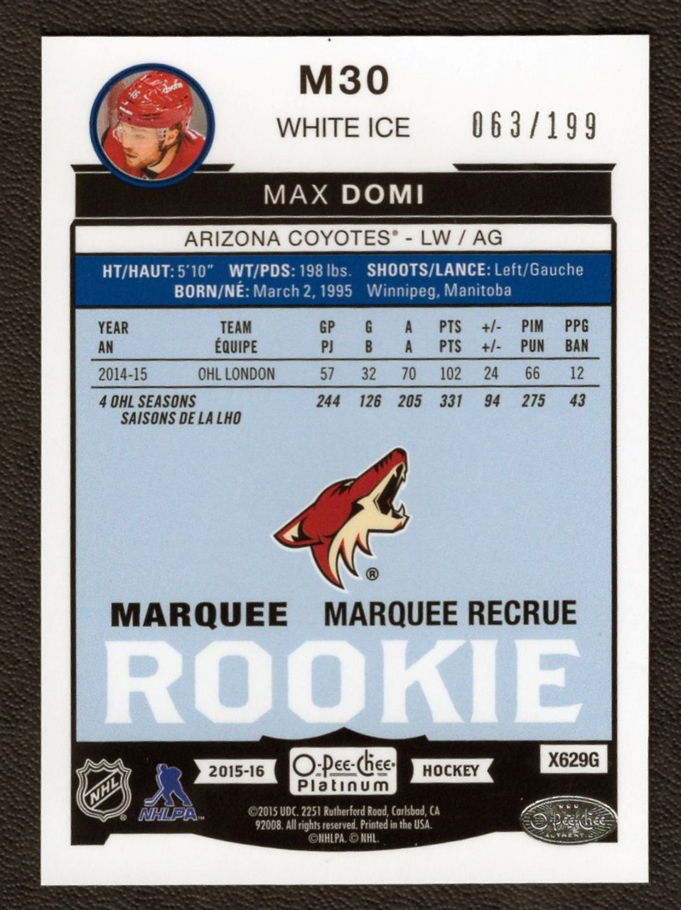2015-16 Upper Deck OPC Platinum #M30 Max Domi White Ice 063/199 Marquee Rookie